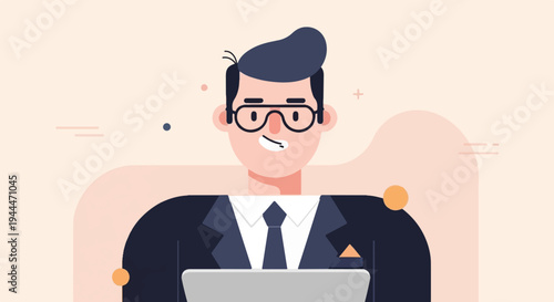 A modern business person in a suit and glasses, with a laptop