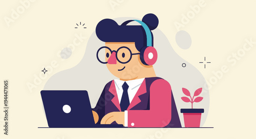 A person wearing headphones and glasses works on a laptop with a plant