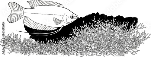 A detailed drawing of a fish swimming amidst dark rocky terrain and branching plants