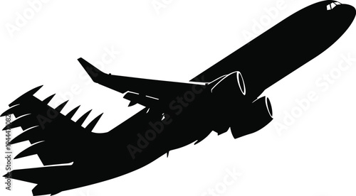 Black silhouette of airplane taking off with contrails white background