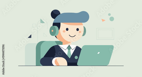 A person wearing headphones sits at a desk with a laptop