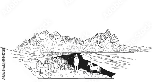 Person and horse observe jagged peaks over a dark river and basalt columns