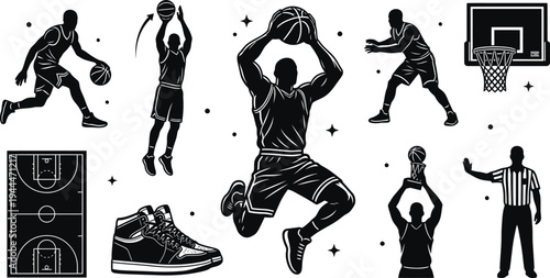 Basketball Player Action and Equipment Sticker Vector