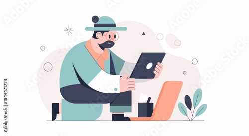 A man in a hat sits with a tablet and laptop, surrounded by abstract shapes