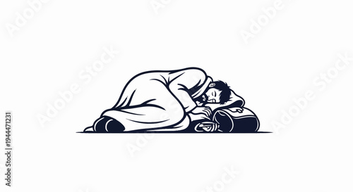 A man in a robe sleeps on a rolled-up mat with a bag