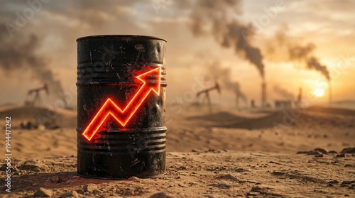 Global Oil Crisis Upward Red Arrow And Black Barrel