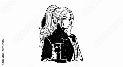 Monochrome portrait of a young woman with a high ponytail, wearing a jacket