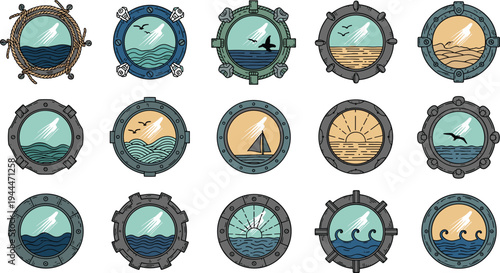 Nautical Ship Porthole Window Vector Set with Ocean Views, Waves, Sailboat, Sunrise, and Seagulls Maritime Illustration Collection