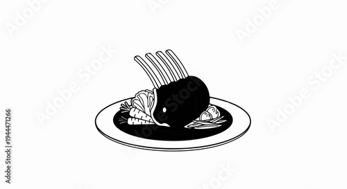 A detailed illustration of a rack of lamb with vegetables on a white plate