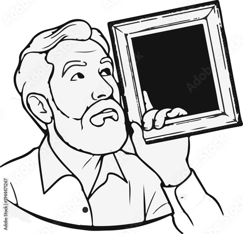 Man with beard holding up a blank picture frame, looking up