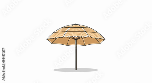 A cartoon-style beach umbrella with a straw-like texture sits on a white background
