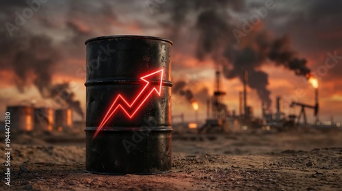 Global Oil Crisis Upward Red Arrow And Black Barrel