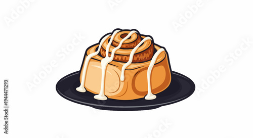 A cartoon-style cinnamon roll with icing drizzles on a black plate