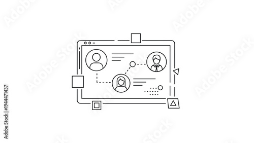 Digital social network visualization on a computer screen connecting different user profiles for collaboration and communication.