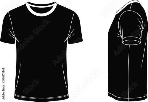 blank black t shirt template vector, front and side view apparel mockup, casual clothing design illustration, fashion garment template