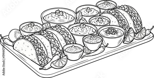 A detailed line art illustration of a platter filled with tacos and dips