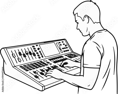 Person at sound mixing board, adjusting controls with hands and fingers