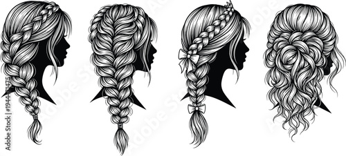 braided hairstyles collection, women braid styles illustration, french braid hair design, boho braid hairstyle set, female hair braiding vector, beauty salon hairstyle art
