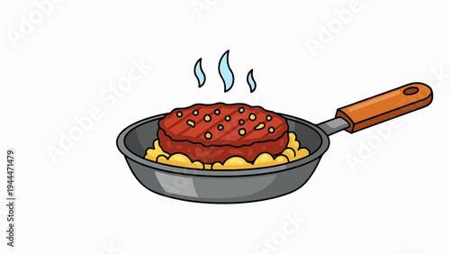 A cartoon steak sizzles in a frying pan atop a bed of yellow food
