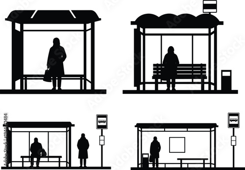 bus stop shelter vector illustration set, public transport station silhouettes with passengers, urban city transit waiting area design icons