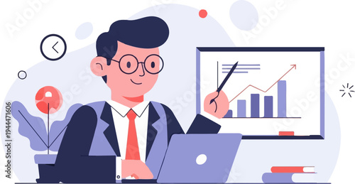 A man in a suit and tie presents a business graph on a screen