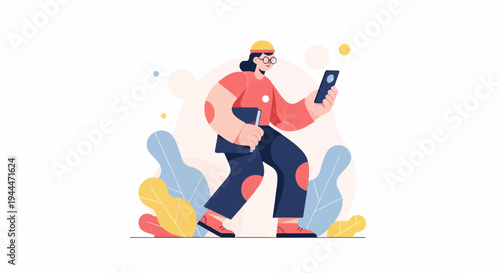 A person with glasses walks while holding a phone and a book