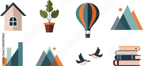A collection of flat icons house, plant, hot air balloon, mountains, graph, birds, and books