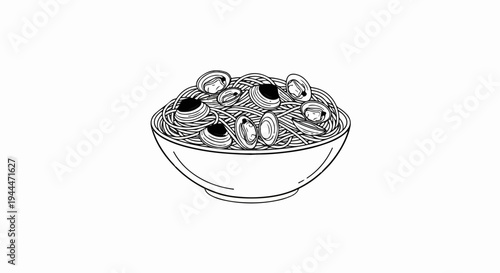 A monochrome line drawing of a bowl of spaghetti with clams