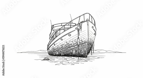 A detailed line drawing of an old, beached boat with barnacles and icicles