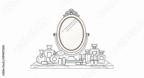 Oval vanity mirror surrounded by perfume bottles and lipstick on a shelf