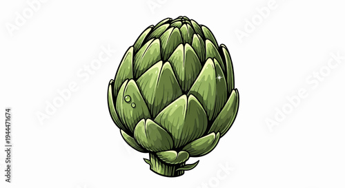 A detailed, vibrant illustration of a green artichoke with water droplets and a sparkle