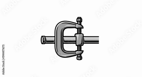 A gray metal clamp is tightening a silver pipe on a white background