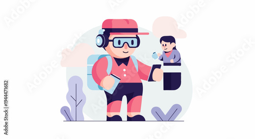 A person with headphones and glasses holds a phone and cup, interacting with a small person