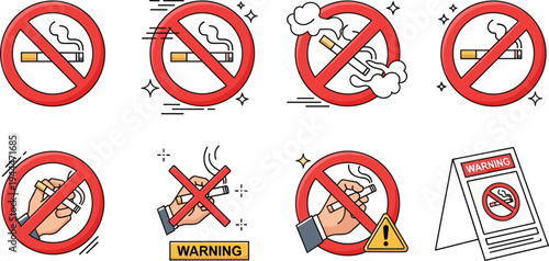 No Smoking Prohibition Icon Set with Cigarette Ban Signs, Warning Symbols, and Anti Smoking Safety Icons for Public Areas and Health Campaigns
