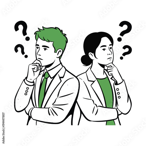 Green-Haired Professionals Thinking Vector, male and female suit characters with question marks
