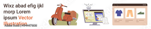 E-commerce, delivery services, digital transactions, online shopping, product selection, technology. Red scooter, monitor displaying shopping cart clothing and items in grid layout. E-commerce