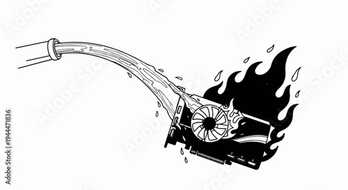 Overheating computer component is doused with liquid, causing steam and flames