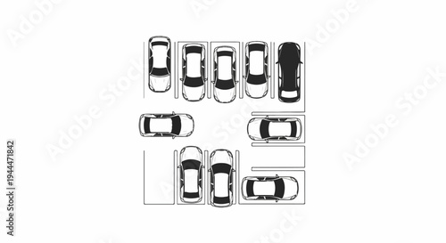 Overhead view of cars parked in various configurations and orientations
