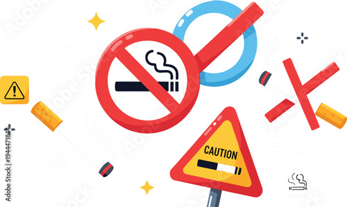 No Smoking Warning Signs and Prohibition Symbols Vector Set with Cigarette Ban Icons, Caution Labels, and Public Health Safety Illustrations
