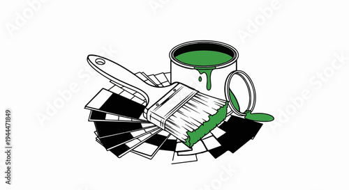 Paint can, brush, and color swatches spread out