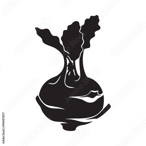 Kohlrabi vegetable silhouette vector illustration of organic german turnip with leaves isolated on white background depicting healthy root crop for vegetarian cooking in artistic graphic style