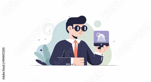 A man in a suit with glasses holds a phone displaying a cloud icon