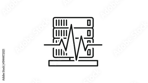 Data center server rack icon with a heartbeat pulse line representing server health monitoring, network activity, and real-time performance.