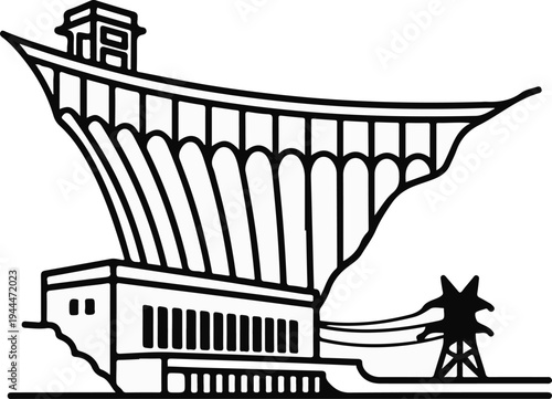 Monumental dam structure with power transmission tower and lines