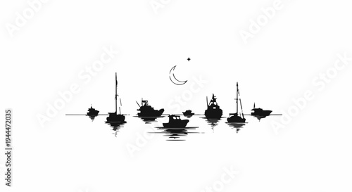 Moonlit harbor with silhouetted boats and reflections on calm water