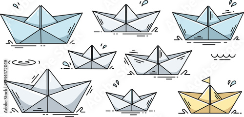 Paper boat origami collection floating on water simple folded paper ships cartoon flat vector illustration set isolated