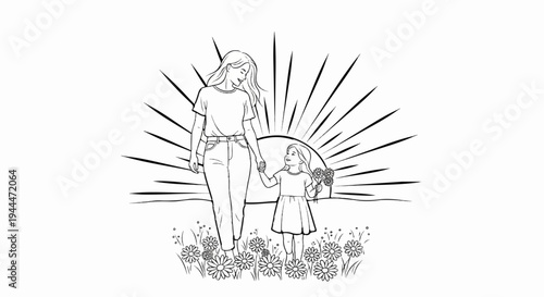 Mother and daughter walk hand-in-hand through a field of flowers at sunrise