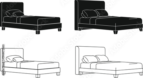 modern bed furniture set illustration, bedroom bed silhouette collection, minimalist bed vector icons, double bed outline design, home furniture sleeping bed set