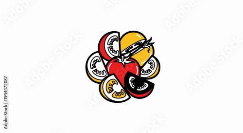 A graphic illustration of tomatoes and slices, one yellow burger bun