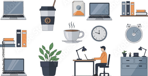 A diverse collection of office and workspace items arranged on a white background